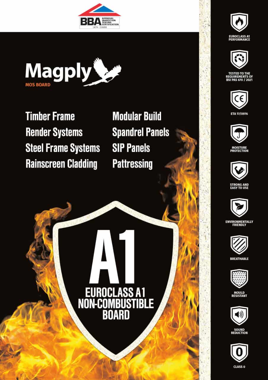 Magply brochure with a black background, flames rising from the lower left and white text setting out the product's benefits
