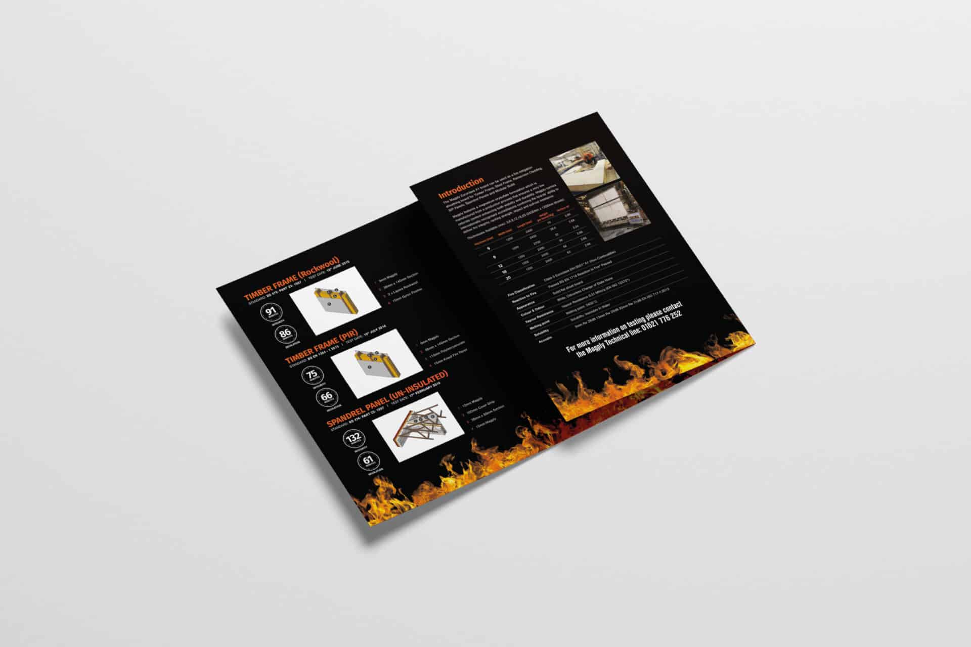 Magply brochure mock-up laid out flat and open, with a black cover