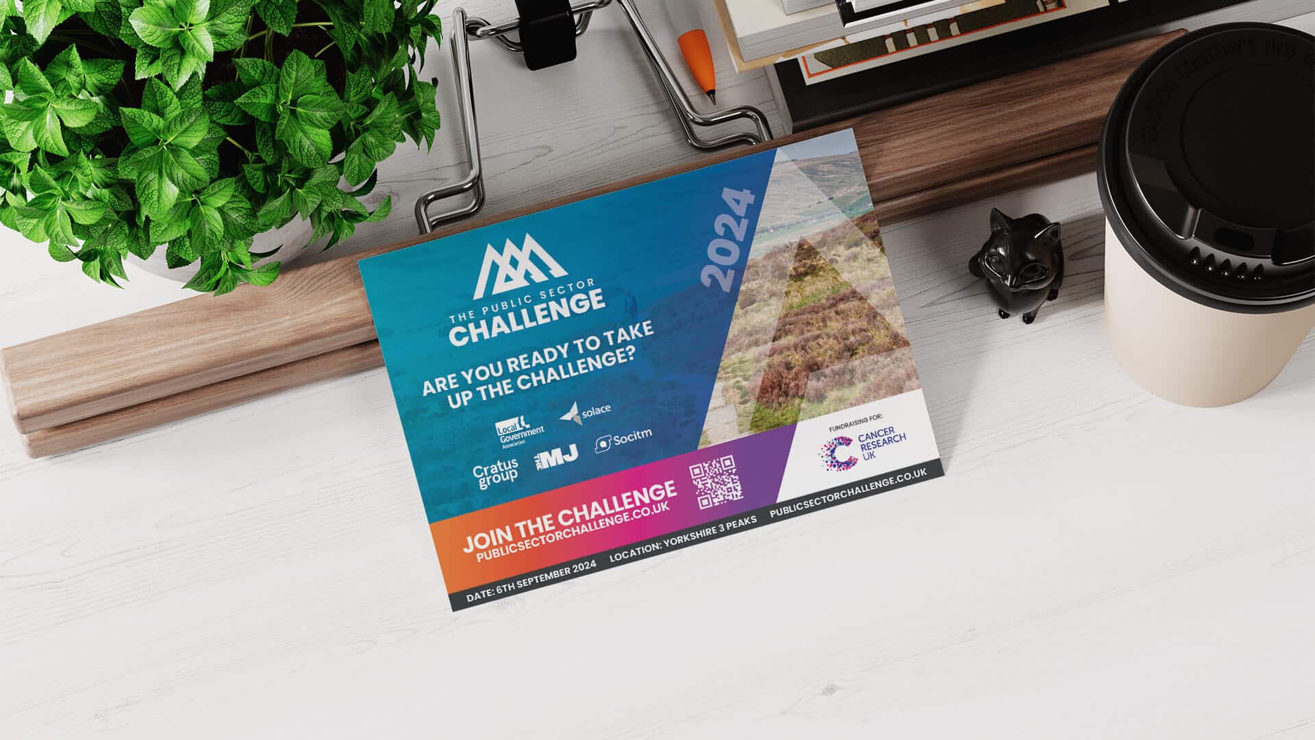 Postcard for the 2024 Public Sector Challenge, blue and white with a pink gradient band, partner logos and a QR code to join