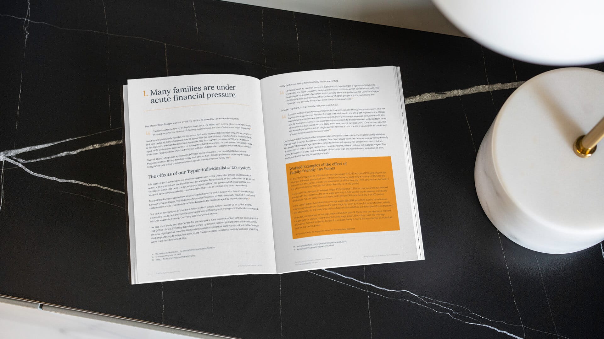 An open spread from the report: a chapter opener headed Many families are under acute financial pressure, with a pull quote and a worked example set in an orange box
