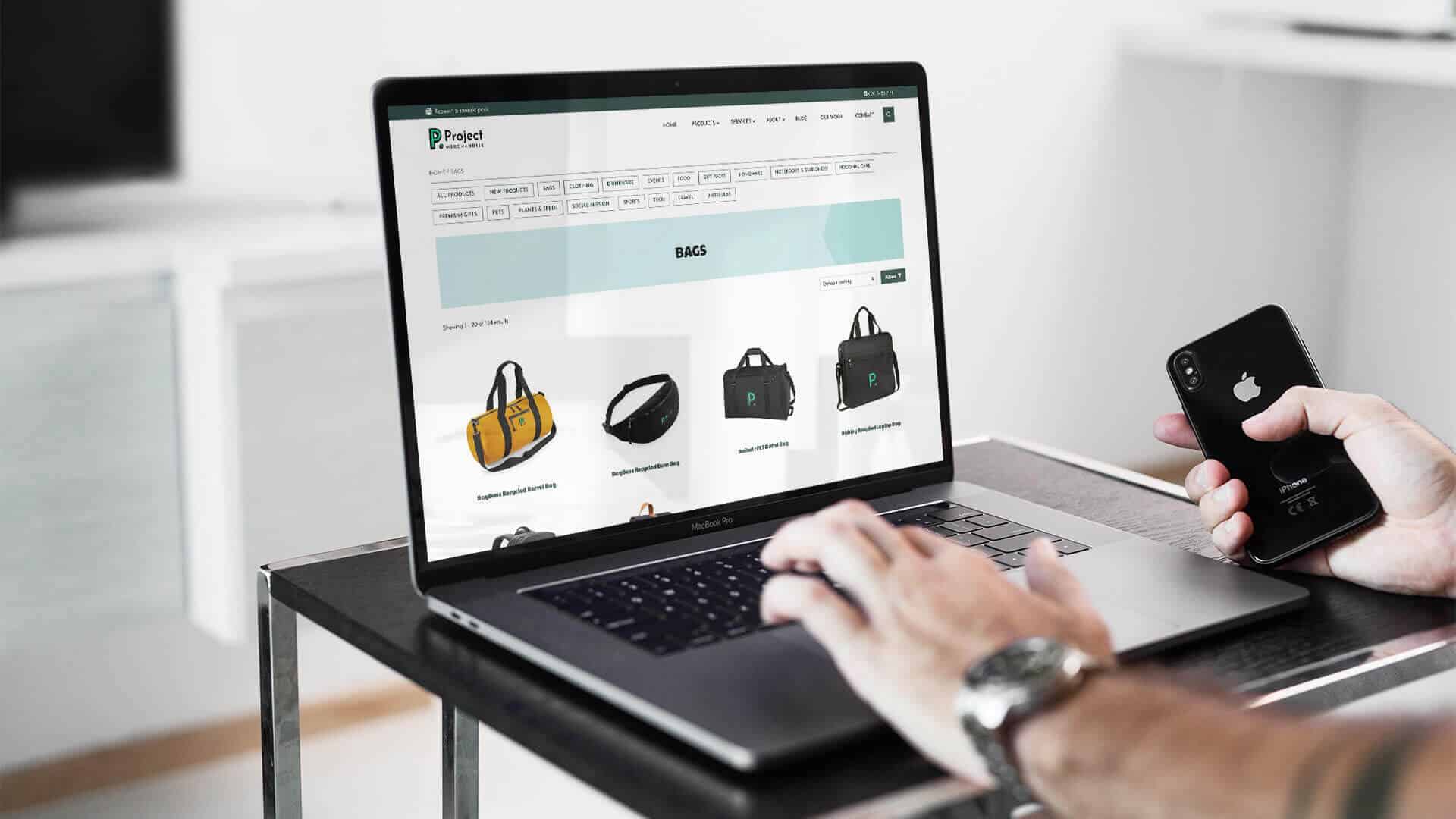 The bags category on the Project Merchandise site, with filterable product categories above a grid of recycled bags