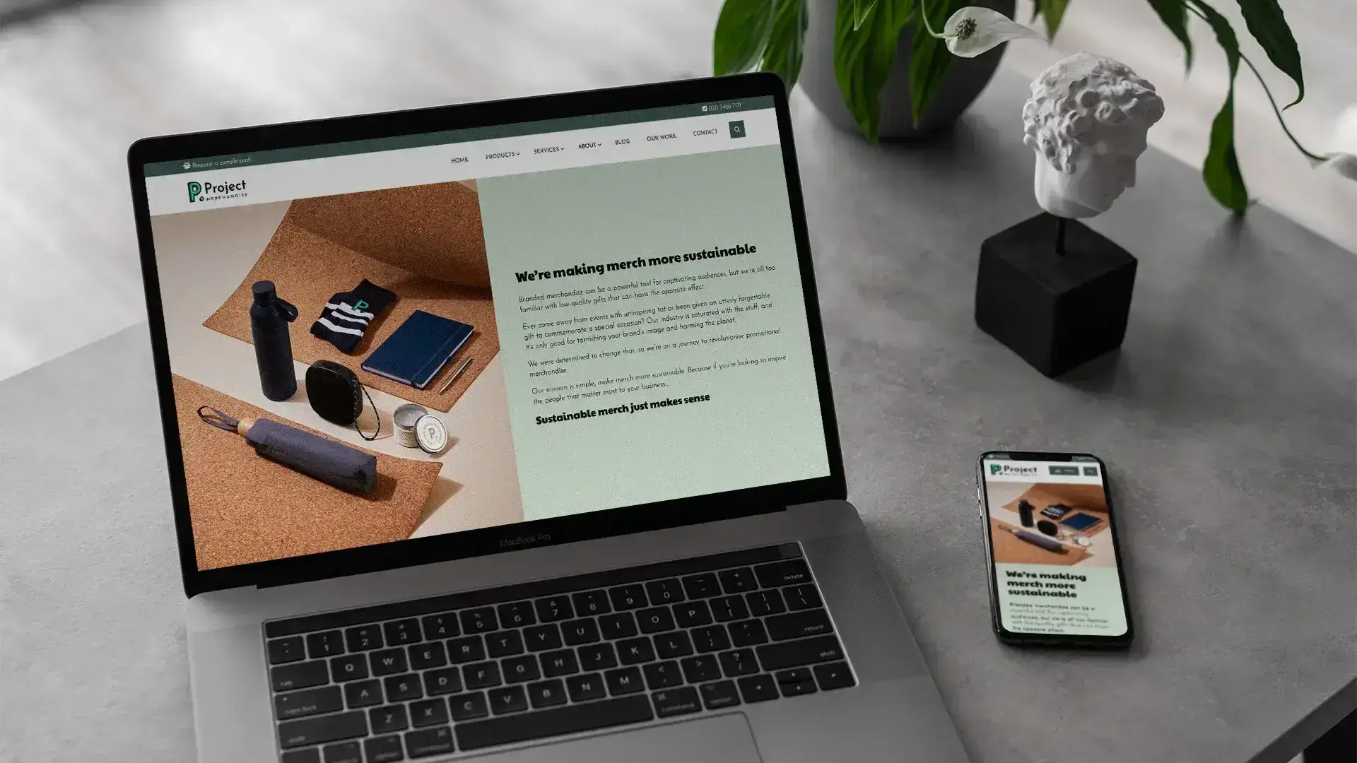 Project Merchandise sustainability page shown on a laptop and a phone