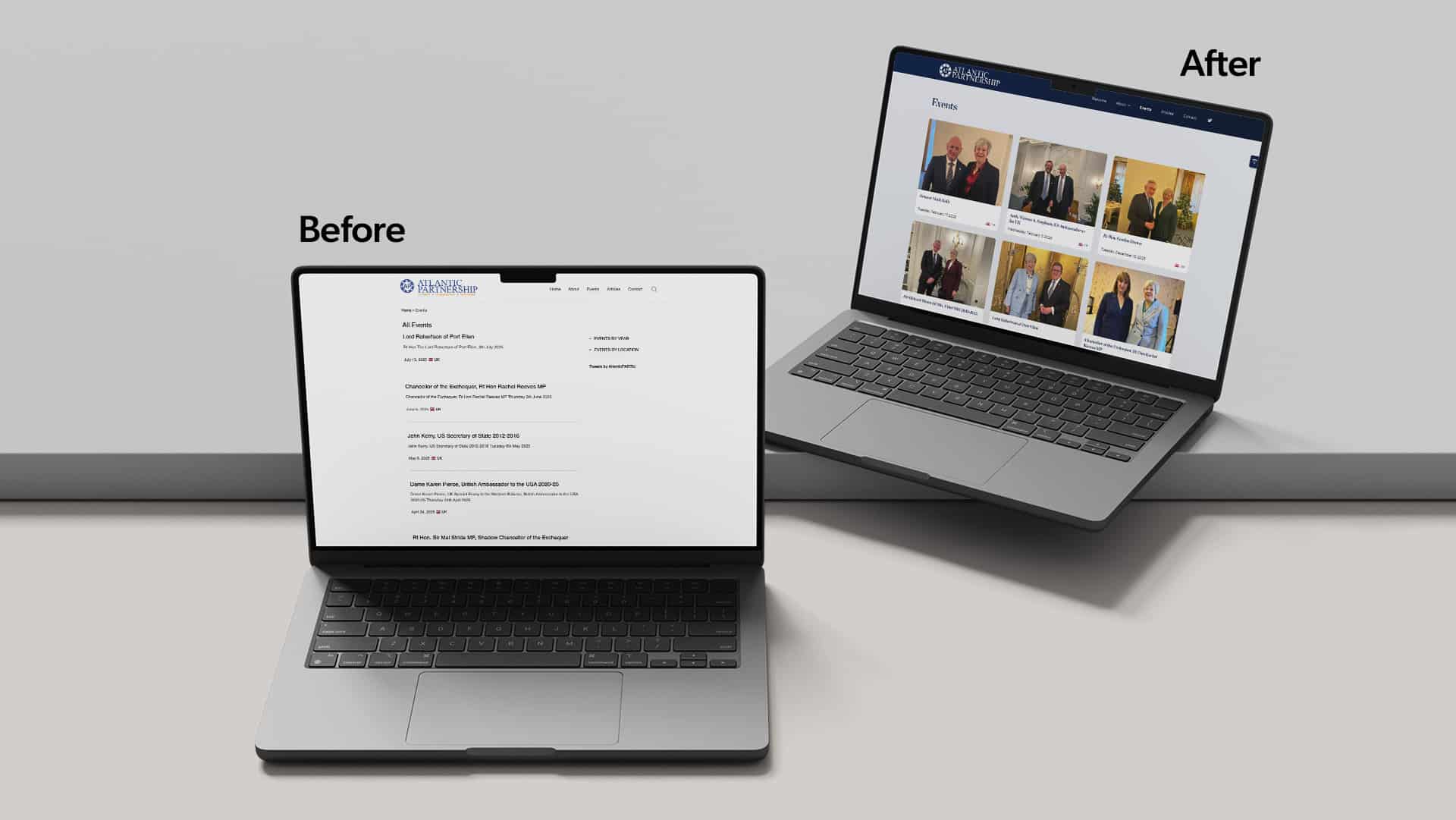 Before and after of the Atlantic Partnership events page: a plain text list of events replaced by a grid of cards with photographs and dates