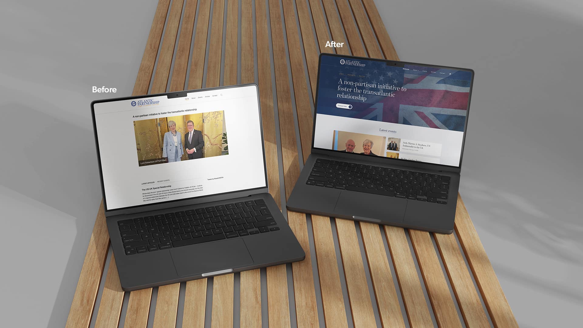 Before and after of the Atlantic Partnership homepage: a plain page with one small photo, then the redesign with a full-width hero over US and UK flag imagery