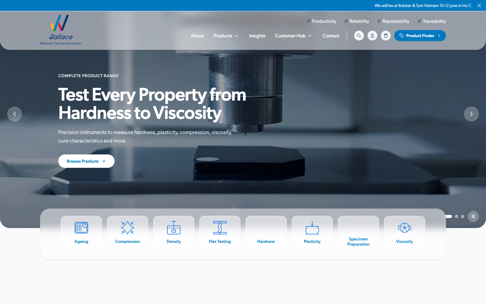 The new Wallace Instruments homepage, leading with full screen product photography